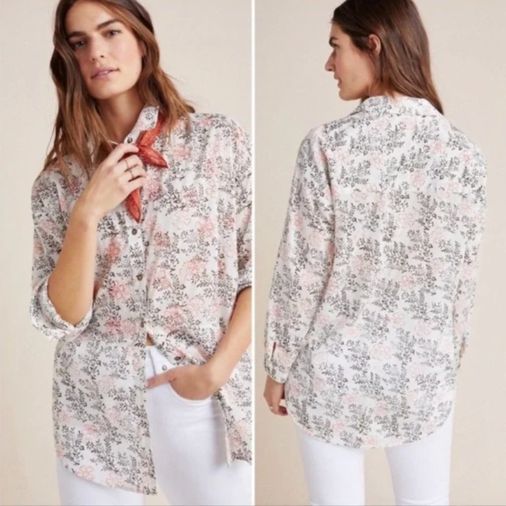 Anthropologie | Enchanted Floral Buttondown Printed Embroidered Tunic Top | XS/S